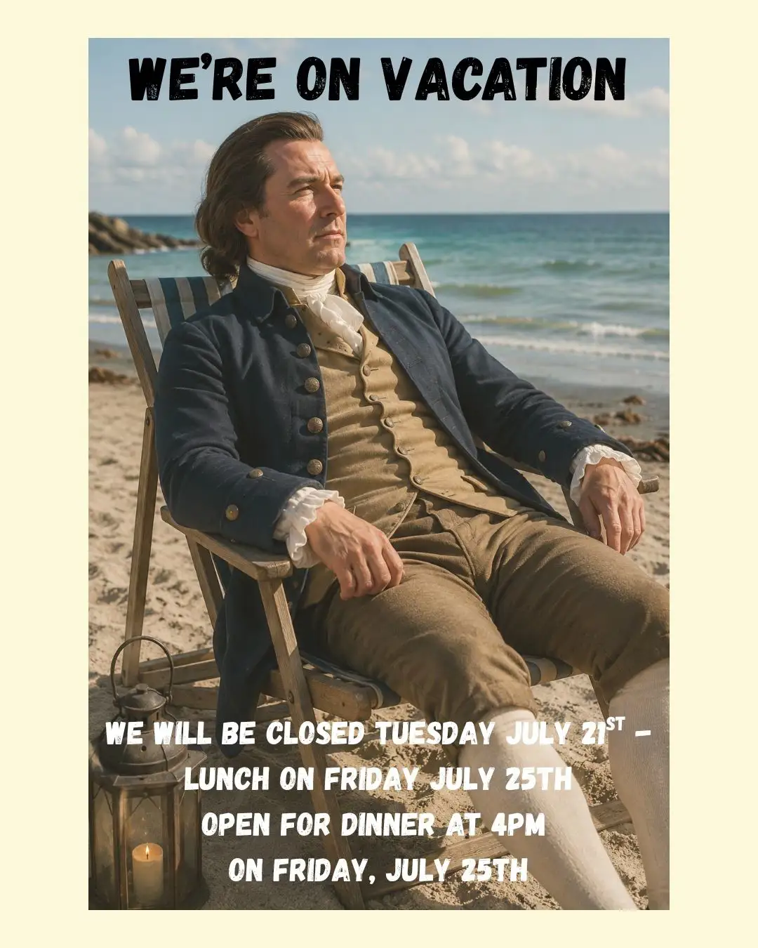 Paul Revere reclines in a blue and white striped beach chair gazing over the surf