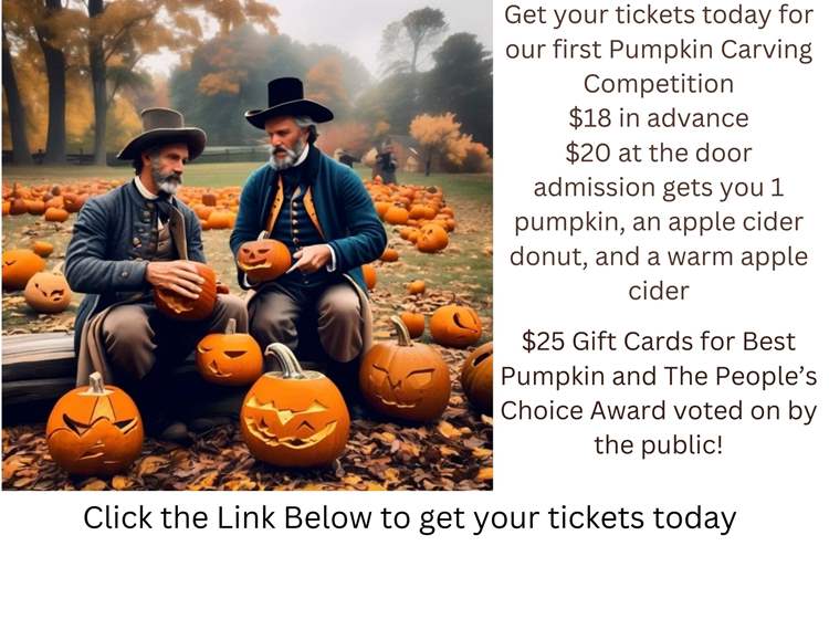 two colonial men sit in a pumpkin patch surronded by Jack o' Lanterns